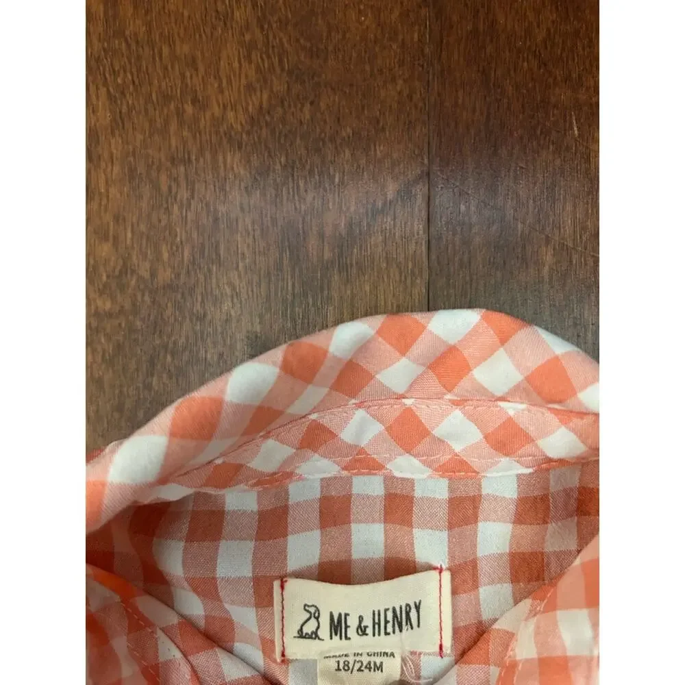 Me & Henry Orange Gingham Short Sleeve Baby Romper, Size 18-24 Months